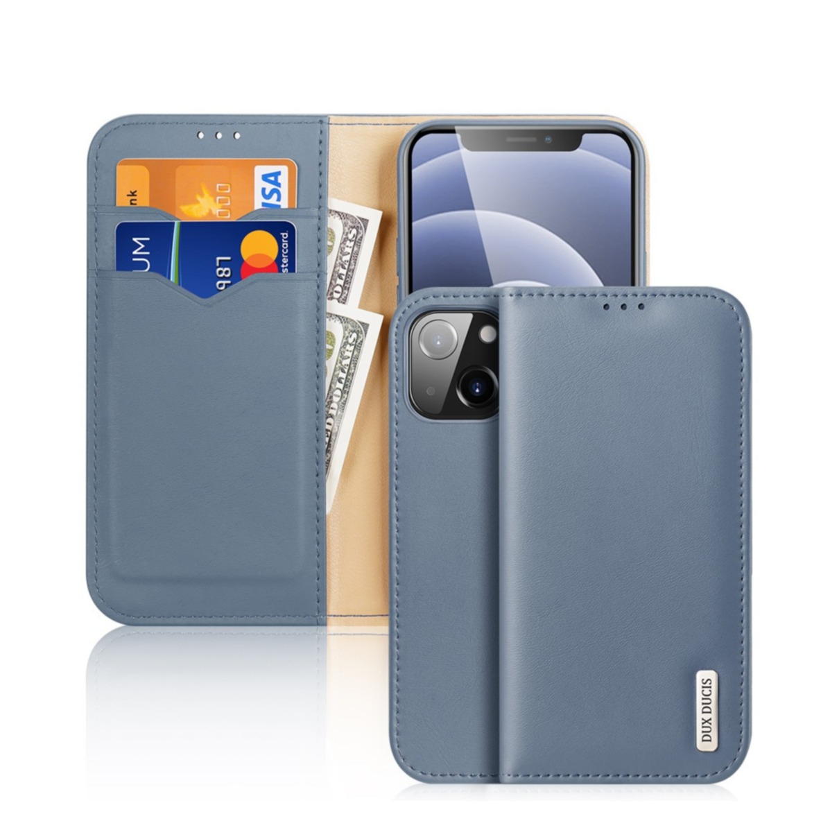 Image of Dux Ducis - iPhone 13 Flip Wallet Cover Echtleder Tasche (RFID Schutz) - Blau bei Apfelkiste.ch