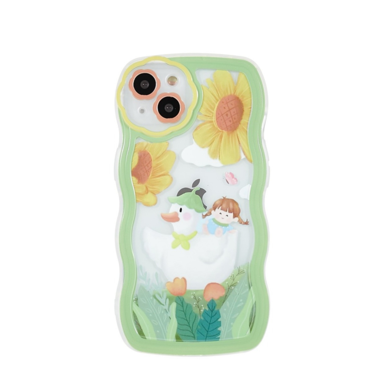 Image of iPhone 13 Gummi Hülle Air Cushion Fallschutz Kinder Design - Ente mit Sonnenblumen (Grün / Gelb) bei Apfelkiste.ch