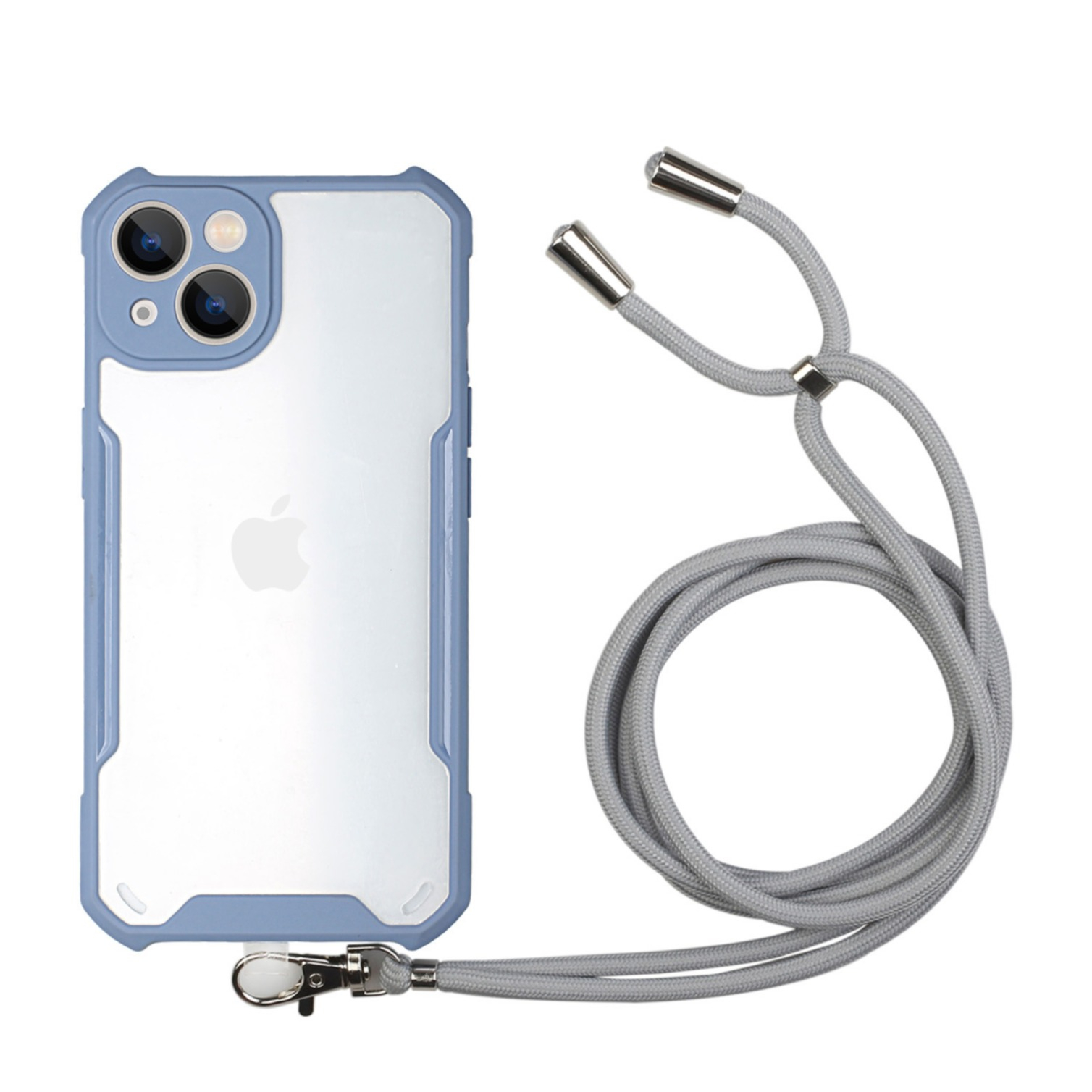 Image of iPhone 13 Hybrid Hülle TPU Bumper Acryl Rückseite + Necklace Handykette (150cm) - Transparent / Blau bei Apfelkiste.ch