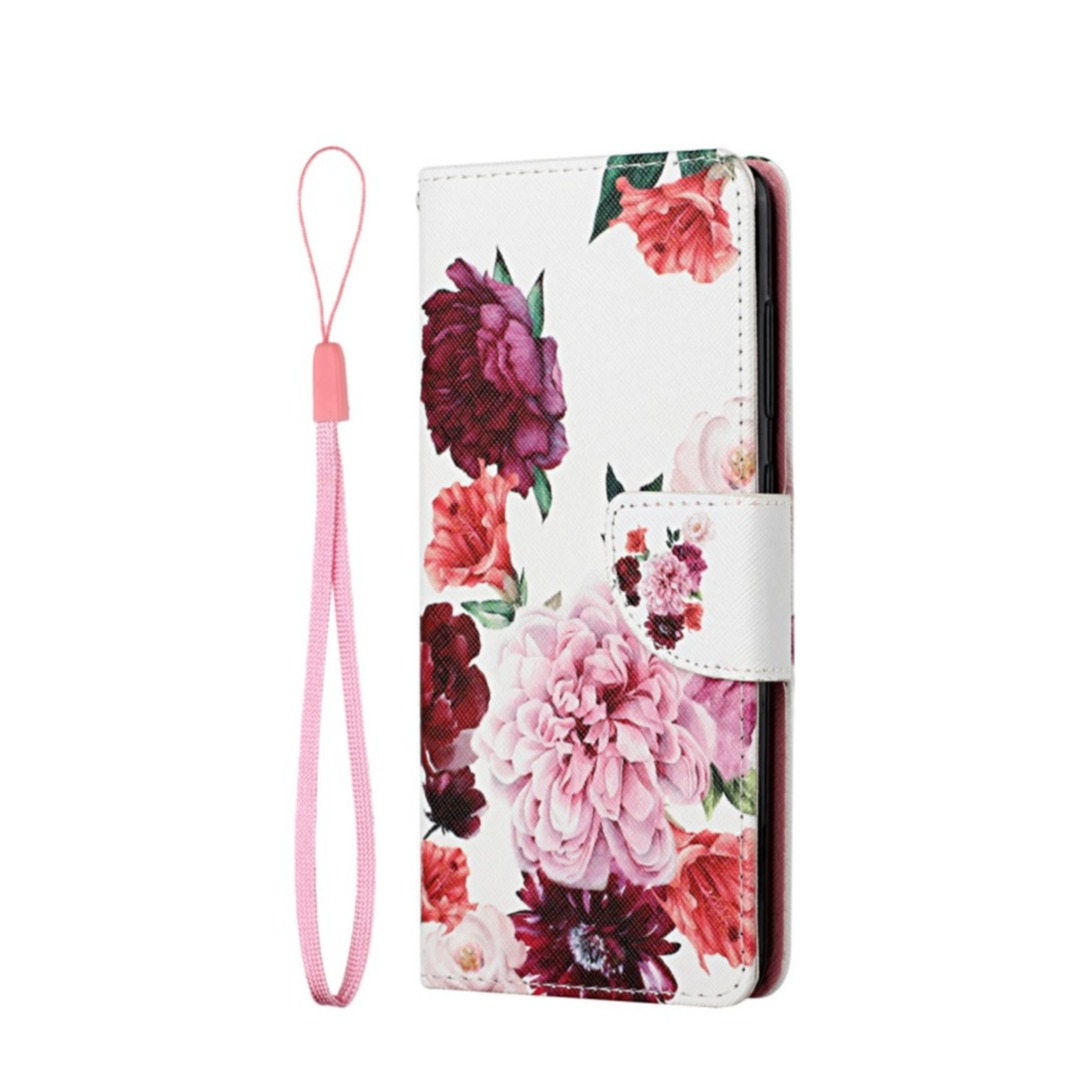 Image of iPhone 13 Leder Tasche mit Kartenfach + Handschlaufe Pfingstrosen - Rosa / Weiss bei Apfelkiste.ch