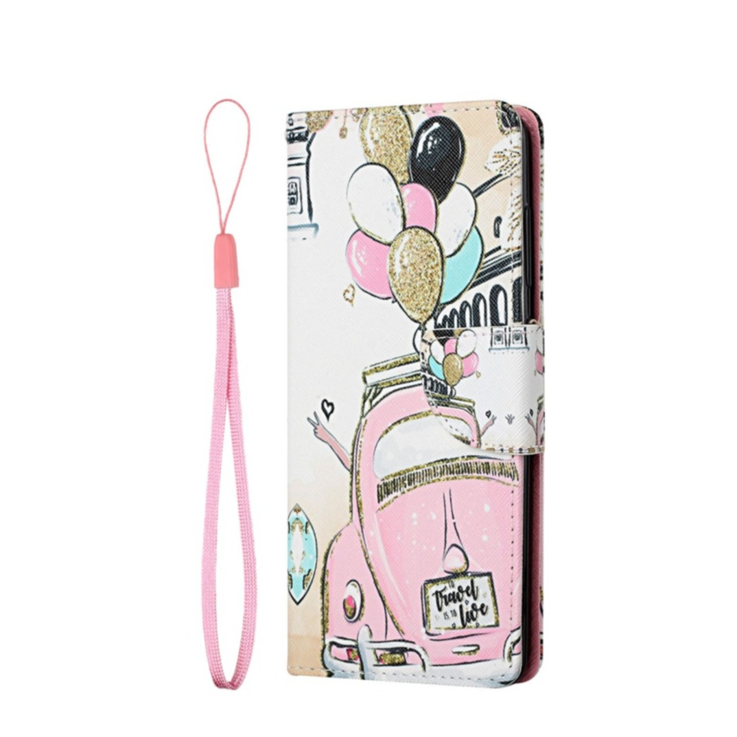 Image of iPhone 13 Leder Tasche mit Kartenfach + Handschlaufe Travel Live - Rosa / Gold bei Apfelkiste.ch