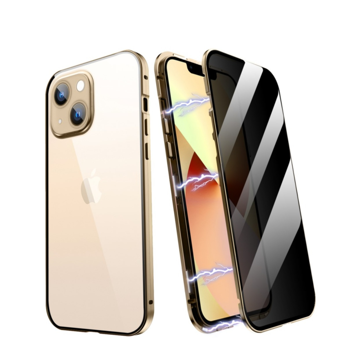 Image of iPhone 13 Magnetische Alu Schutzhülle mit Panzer Glas Backcover + Privacy Glas Displayschutz (Magnet-Technologie) - Gold bei Apfelkiste.ch