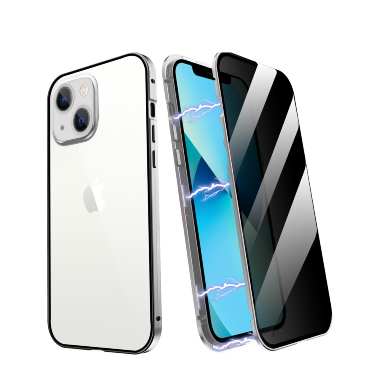 Image of iPhone 13 Magnetische Alu Schutzhülle mit Panzer Glas Backcover + Privacy Glas Displayschutz (Magnet-Technologie) - Silber bei Apfelkiste.ch