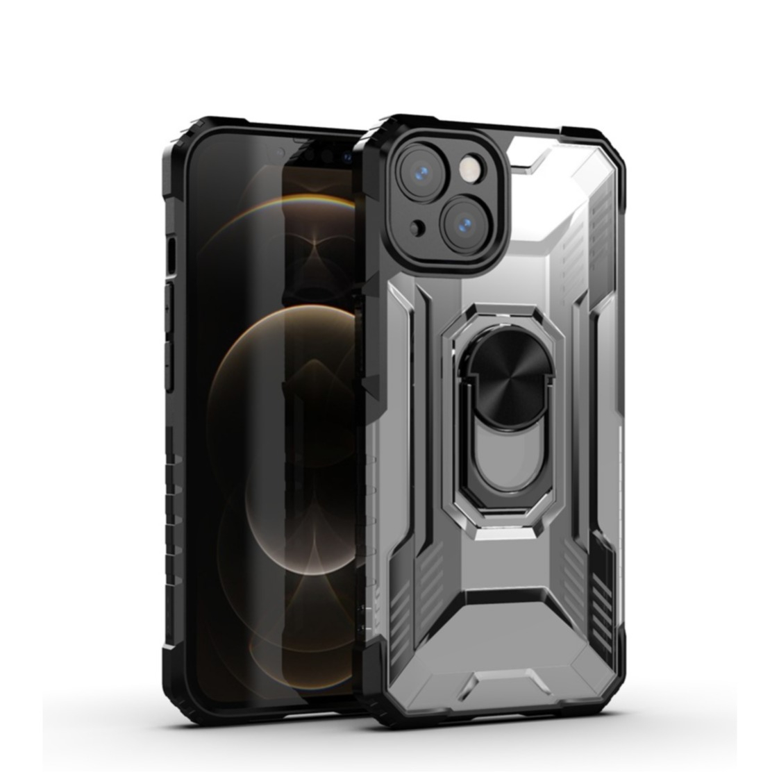 Image of iPhone 13 Mini Hybrid Hardcase Hülle + Magnetischer Kickstand Haltering - Transparent / Schwarz bei Apfelkiste.ch