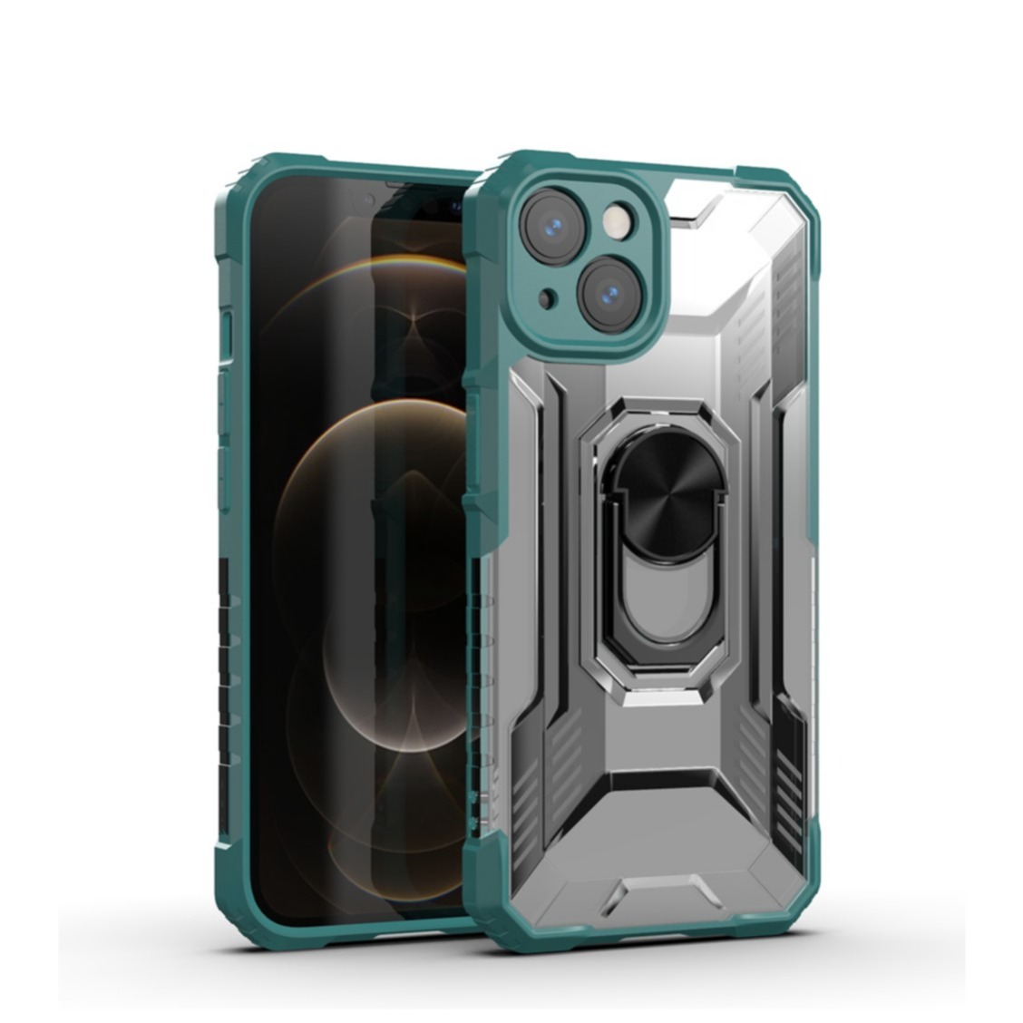 Image of iPhone 13 Mini Hybrid Hardcase Hülle + Magnetischer Kickstand Haltering - Transparent / Dunkelgrün bei Apfelkiste.ch