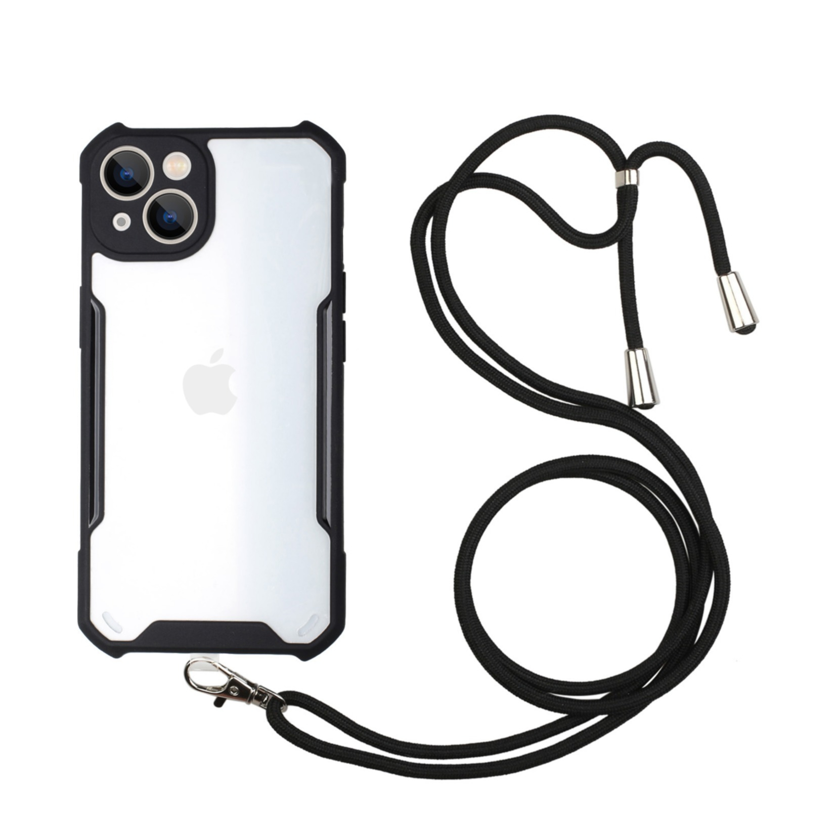 Image of iPhone 13 Mini Hybrid Hülle TPU Bumper Acryl Rückseite + Necklace Handykette (150cm) - Transparent / Schwarz bei Apfelkiste.ch