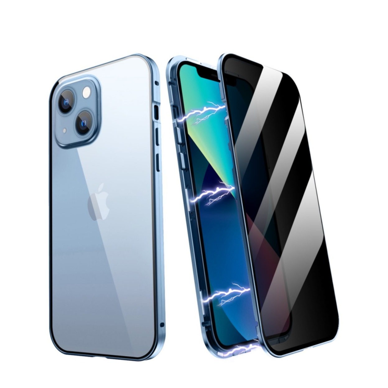Image of iPhone 13 Mini Magnetische Alu Schutzhülle mit Panzer Glas Backcover + Privacy Glas Displayschutz (Magnet-Technologie) - Blau bei Apfelkiste.ch