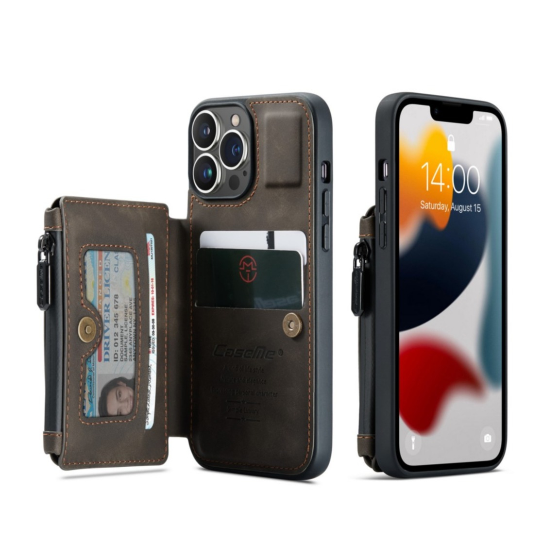 Image of Caseme - iPhone 13 Pro Leder Schutzhülle mit Münzbeutel + 3 Kartenfächern - Dunkelbraun bei Apfelkiste.ch