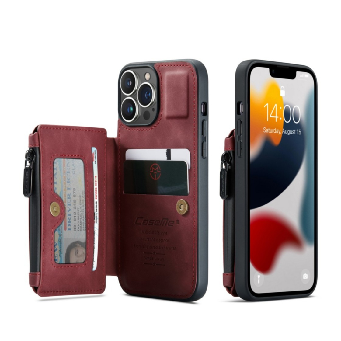 Image of Caseme - iPhone 13 Pro Leder Schutzhülle mit Münzbeutel + 3 Kartenfächern - Dunkelrot bei Apfelkiste.ch