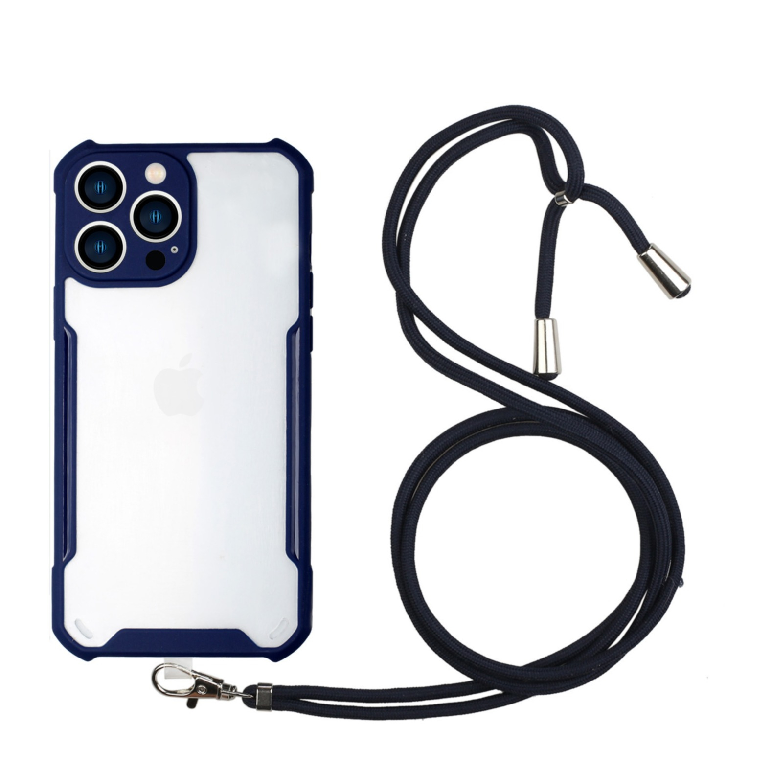 Image of iPhone 13 Pro Hybrid Hülle TPU Bumper Acryl Rückseite + Necklace Handykette (150cm) - Transparent / Dunkelblau bei Apfelkiste.ch