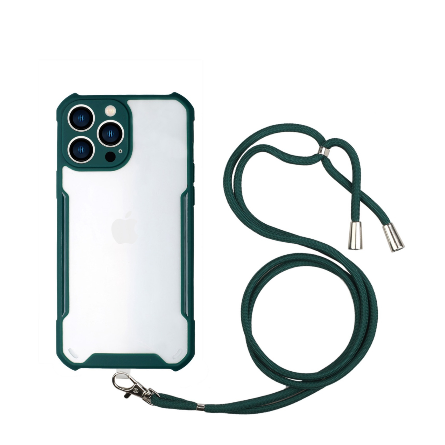 Image of iPhone 13 Pro Hybrid Hülle TPU Bumper Acryl Rückseite + Necklace Handykette (150cm) - Transparent / Dunkelgrün bei Apfelkiste.ch