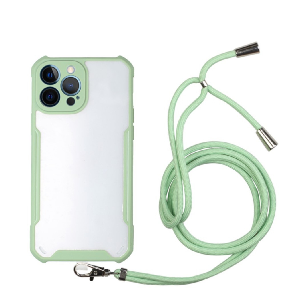 Image of iPhone 13 Pro Hybrid Hülle TPU Bumper Acryl Rückseite + Necklace Handykette (150cm) - Transparent / Grün bei Apfelkiste.ch