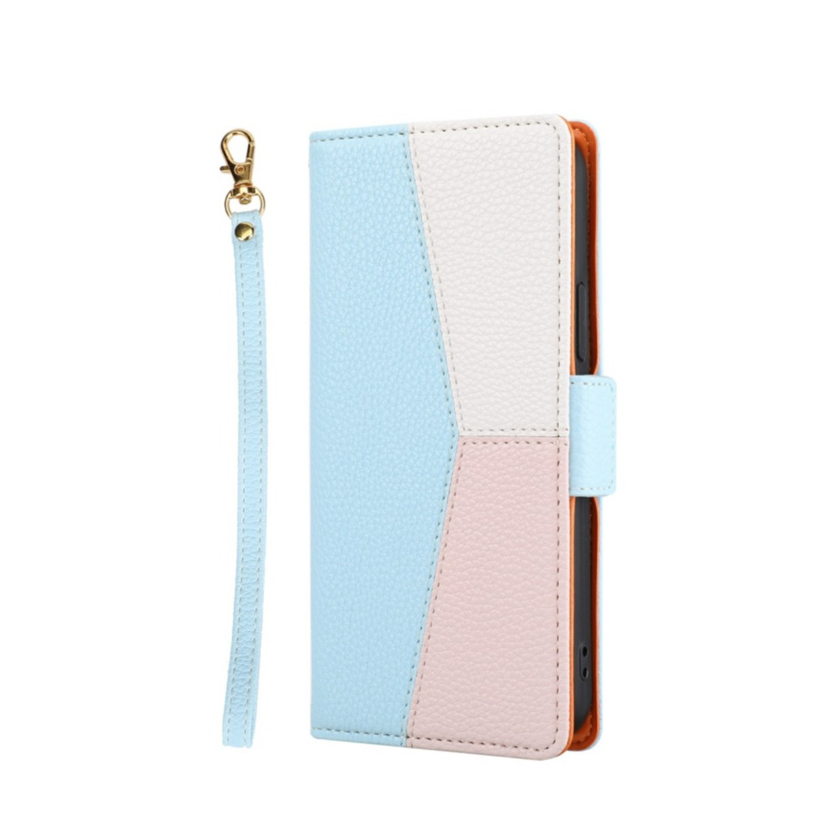 Image of iPhone 13 Pro Leder Tasche Flip Cover Litchi Look mit Kartenfächern Geometrisches Design - Blau / Rosa / Weiss bei Apfelkiste.ch