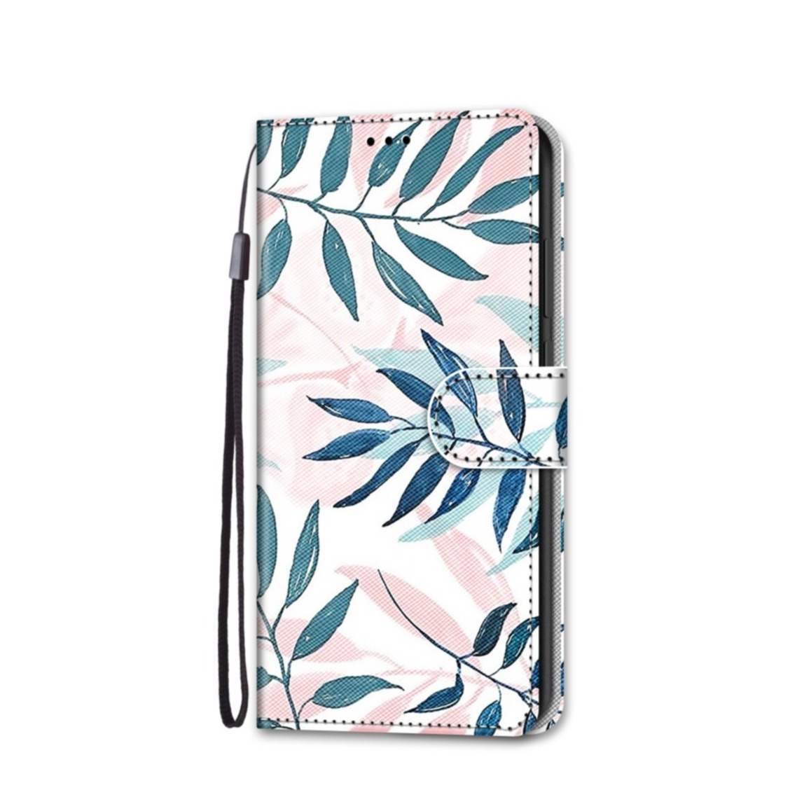 Image of iPhone 13 Pro Leder Tasche mit Kartenfächer + Handschlaufe - Blätter (Grün / Rosa) bei Apfelkiste.ch