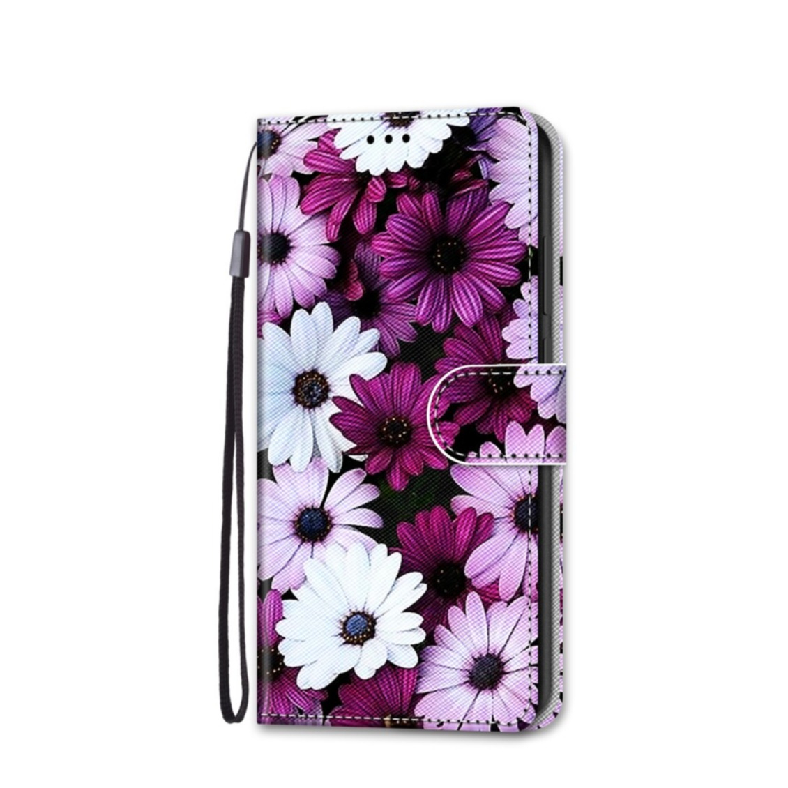 Image of iPhone 13 Pro Leder Tasche mit Kartenfächer + Handschlaufe - Chrysanthemen (Violett / Weiss) bei Apfelkiste.ch