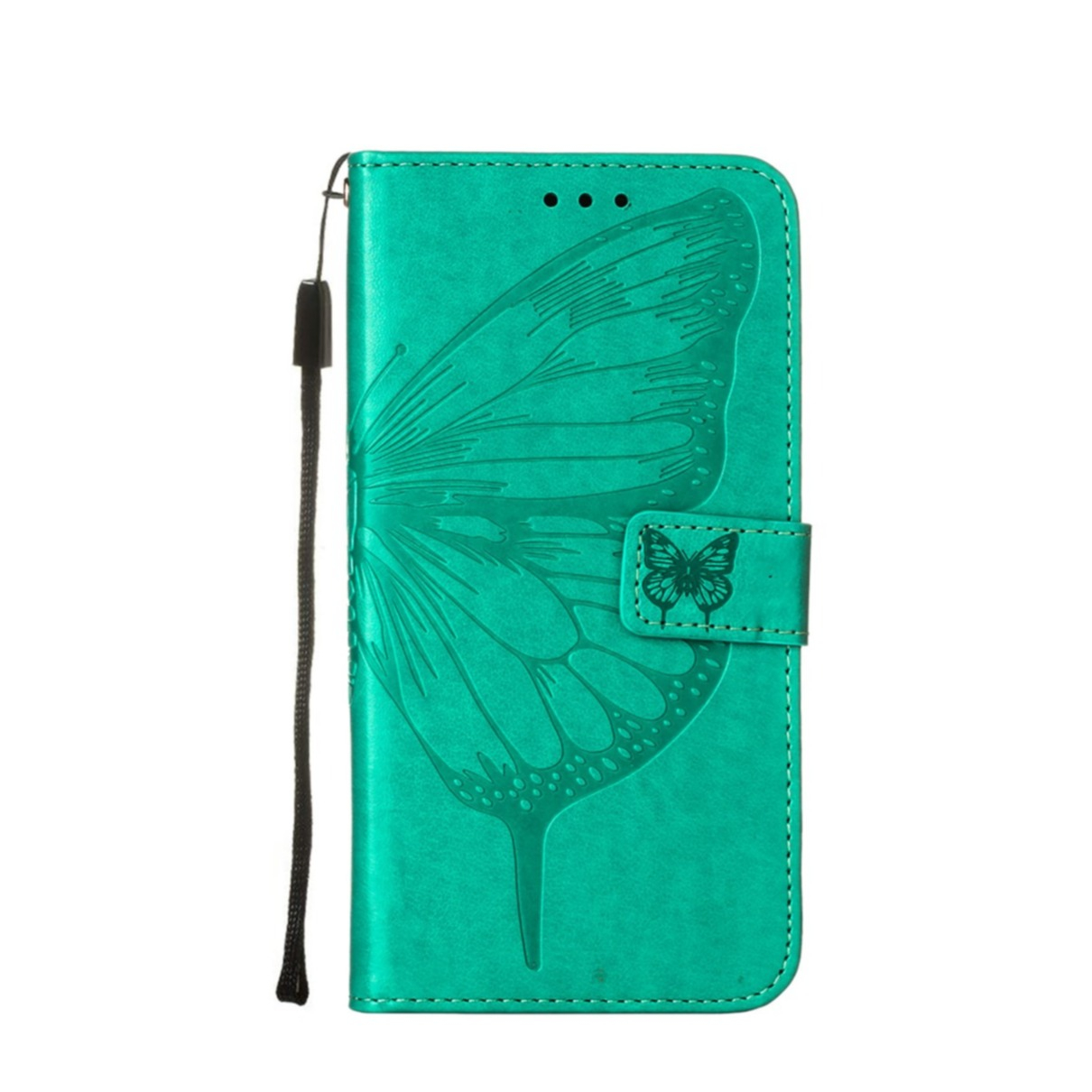 Image of iPhone 13 Pro Leder Tasche mit Kartenfach + Handschlaufe Schmetterling / Blumen - Türkis bei Apfelkiste.ch