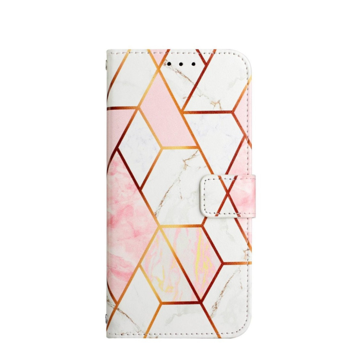 Image of iPhone 13 Pro Leder Tasche mit Kartenfach + Handschlaufe Geometrisches Muster - Rosa / Weiss bei Apfelkiste.ch