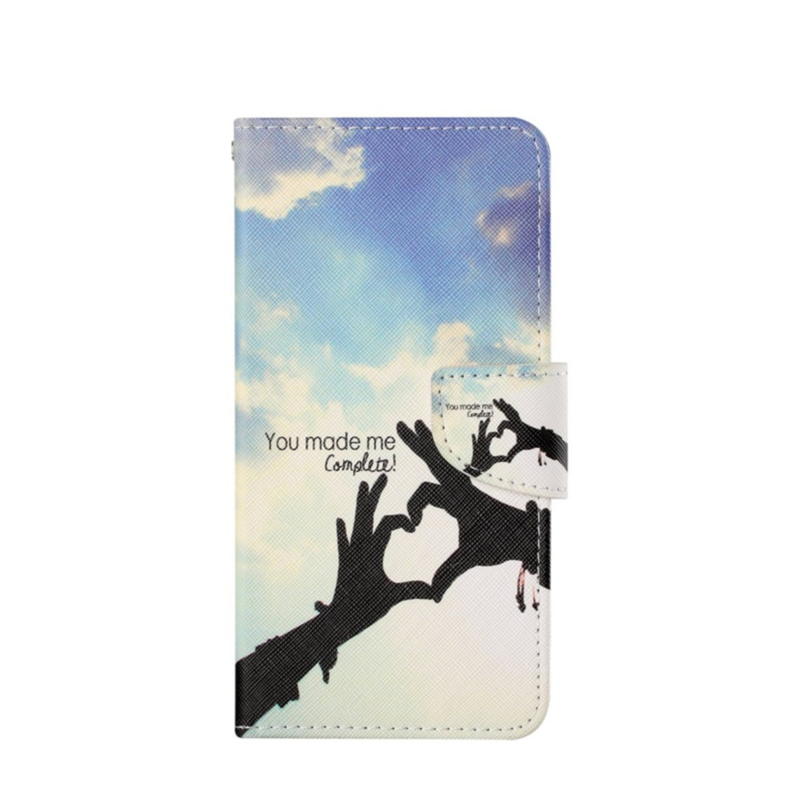 Image of iPhone 13 Pro Leder Tasche mit Kartenfach + Handschlaufe You Made Me Complete - Blau / Weiss bei Apfelkiste.ch