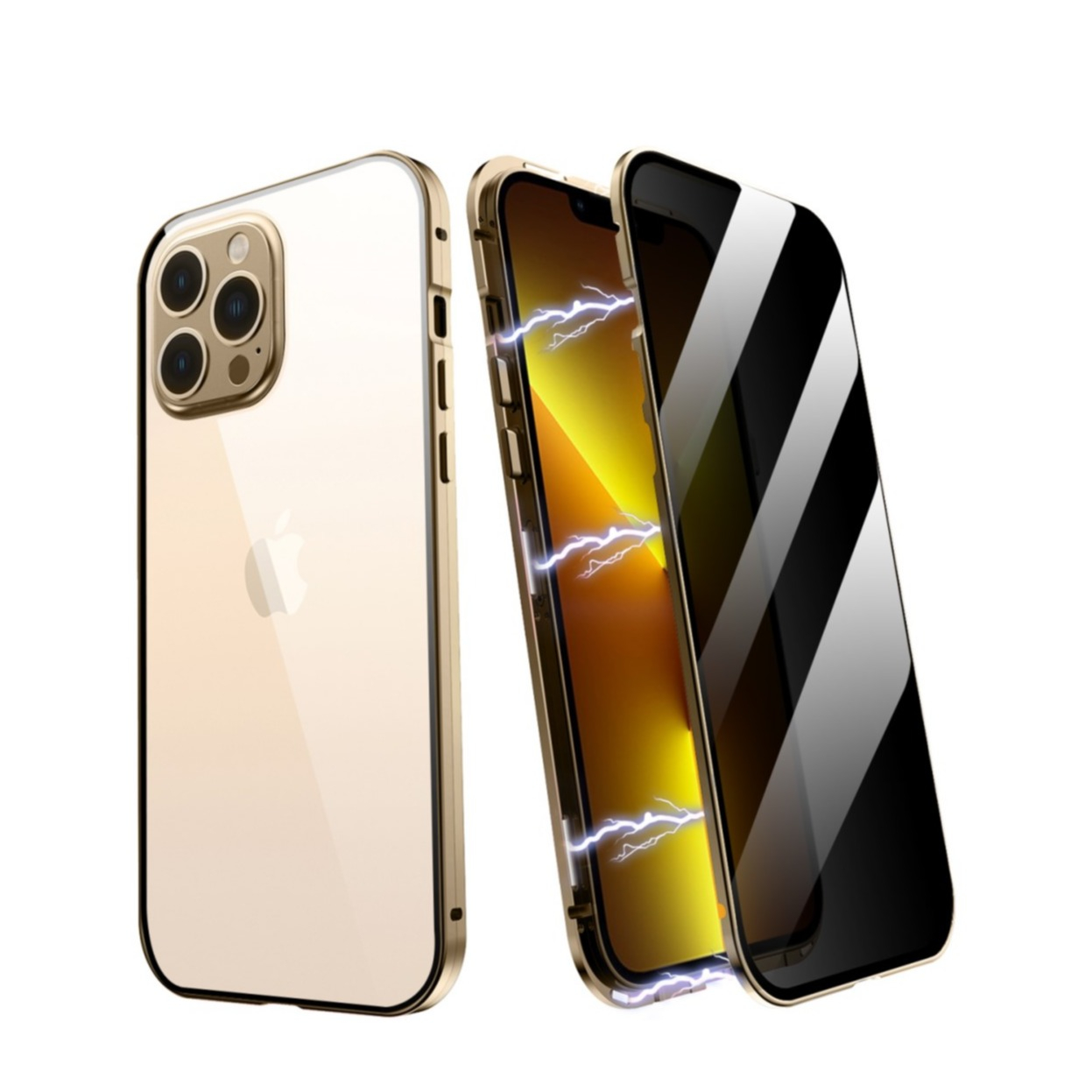 Image of iPhone 13 Pro Magnetische Alu Schutzhülle mit Panzer Glas Backcover + Privacy Glas Displayschutz (Magnet-Technologie) - Gold bei Apfelkiste.ch