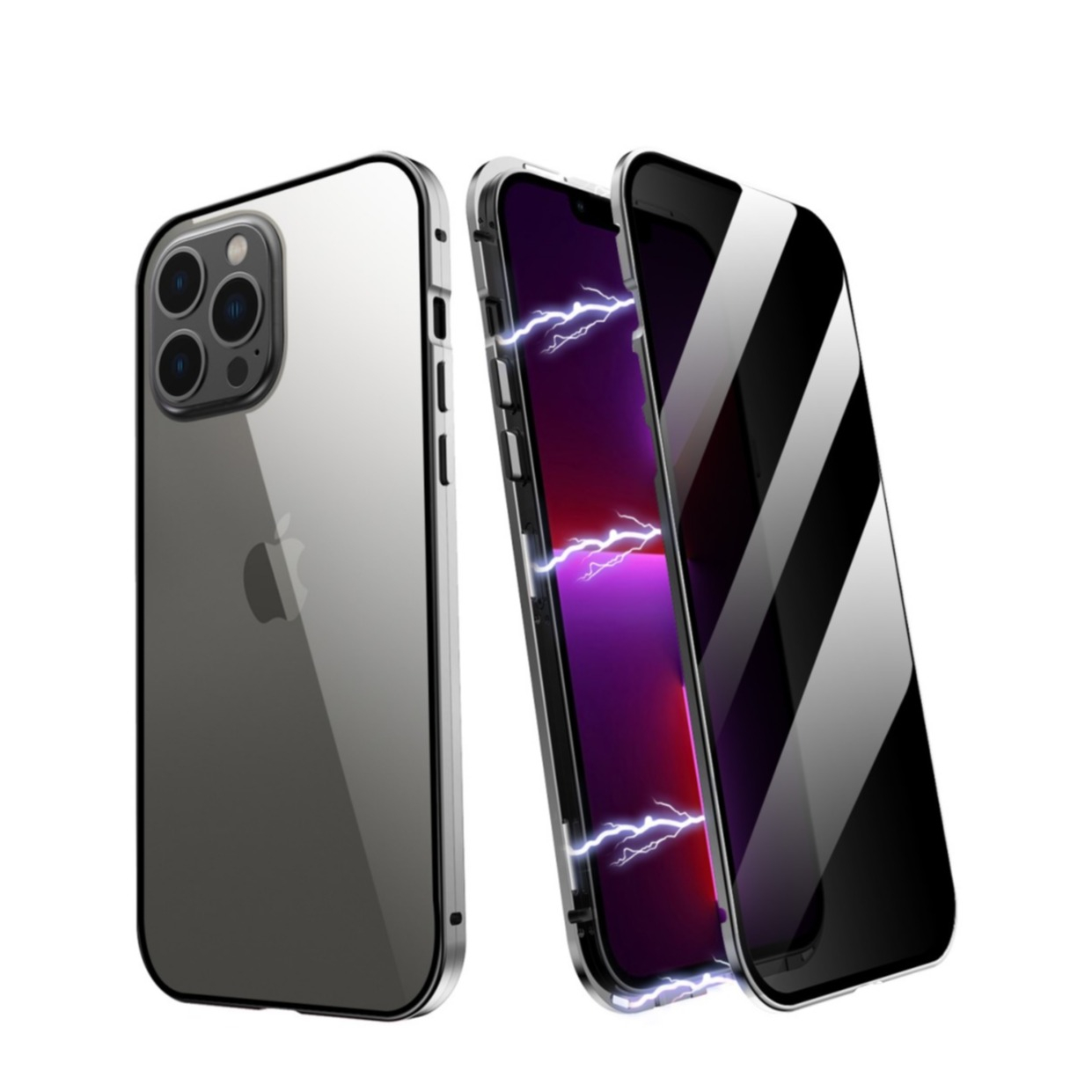 Image of iPhone 13 Pro Magnetische Alu Schutzhülle mit Panzer Glas Backcover + Privacy Glas Displayschutz (Magnet-Technologie) - Schwarz bei Apfelkiste.ch