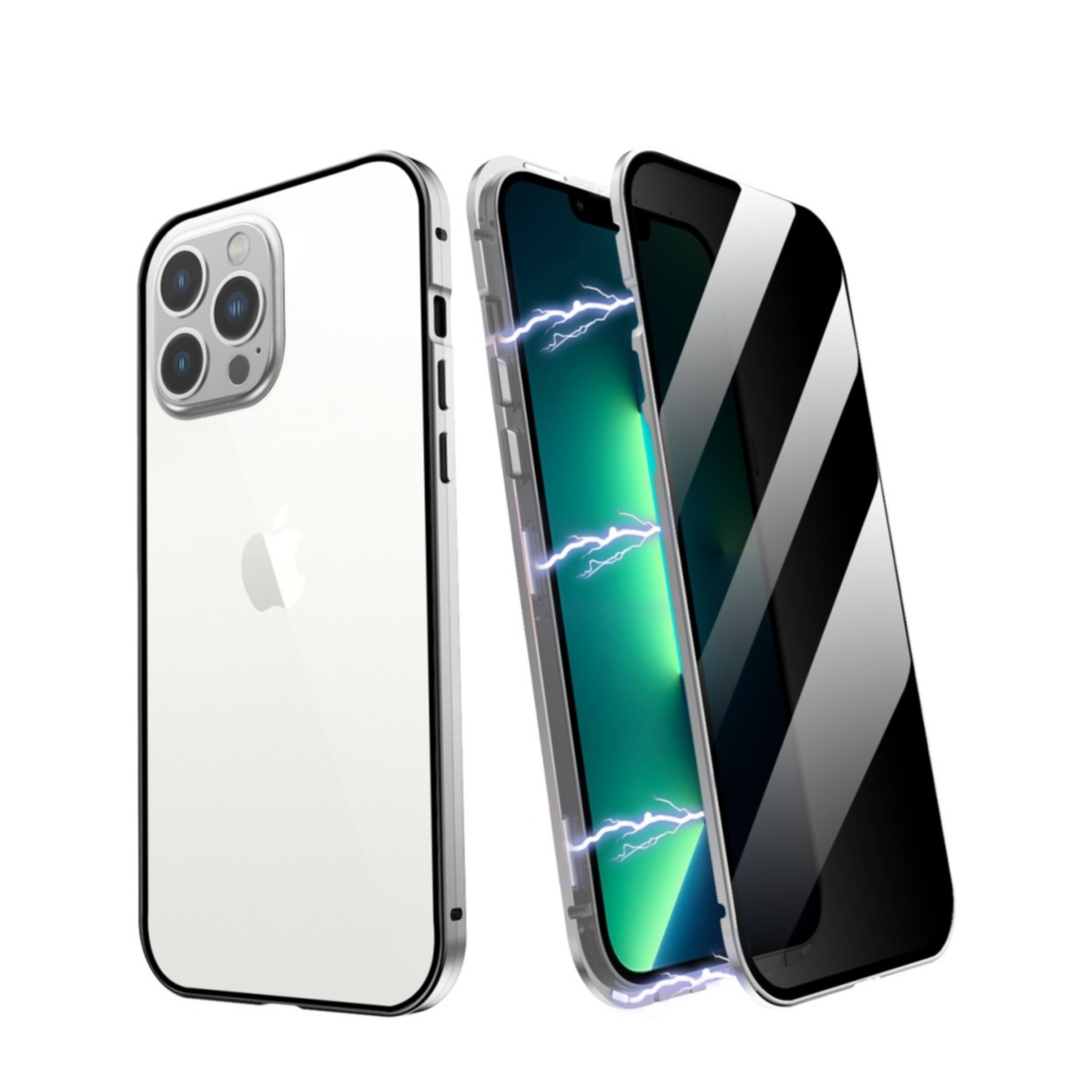 Image of iPhone 13 Pro Magnetische Alu Schutzhülle mit Panzer Glas Backcover + Privacy Glas Displayschutz (Magnet-Technologie) - Silber bei Apfelkiste.ch