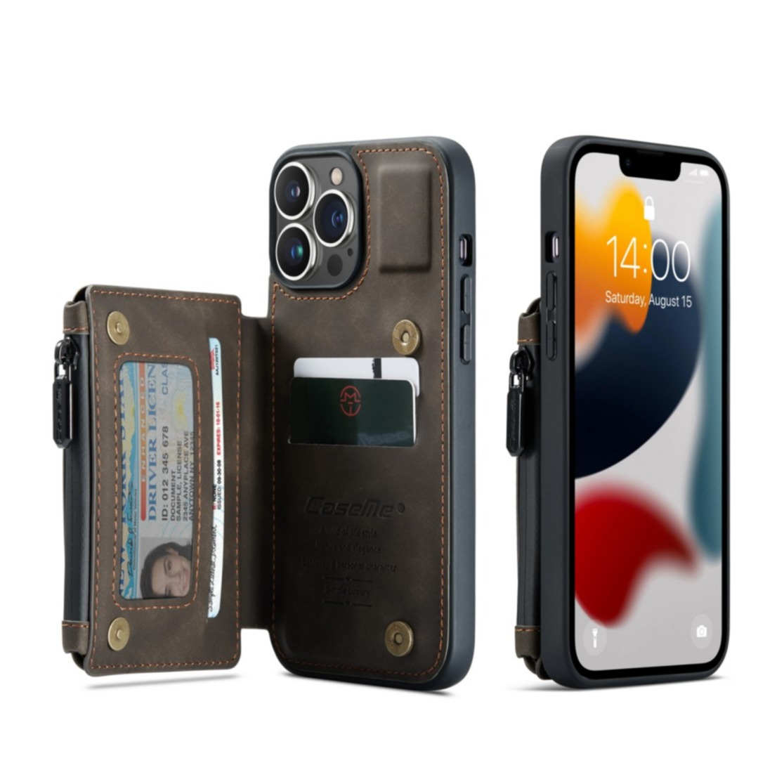 Image of Caseme - iPhone 13 Pro Max Leder Schutzhülle mit Münzbeutel + 3 Kartenfächern - Dunkelbraun bei Apfelkiste.ch