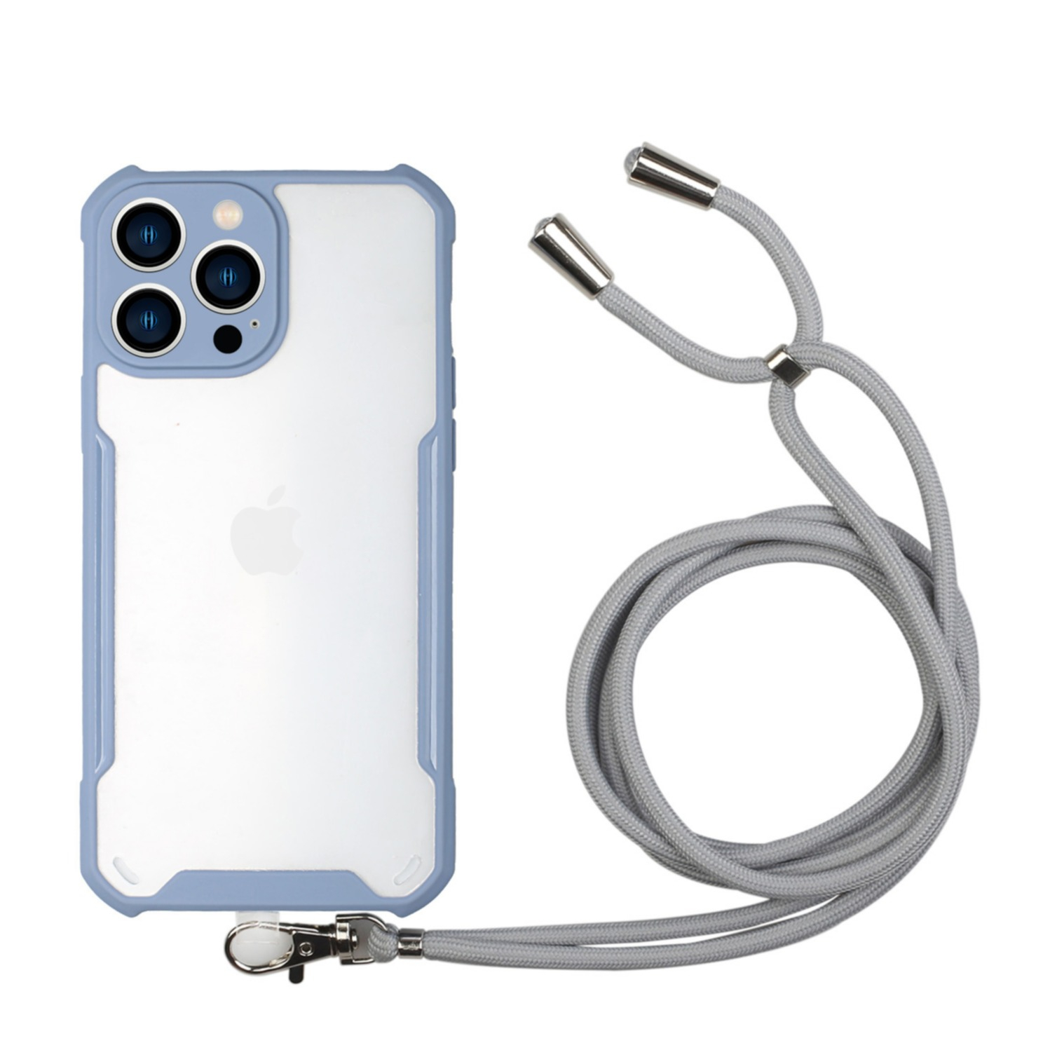 Image of iPhone 13 Pro Max Hybrid Hülle TPU Bumper Acryl Rückseite + Necklace Handykette (150cm) - Transparent / Blau bei Apfelkiste.ch