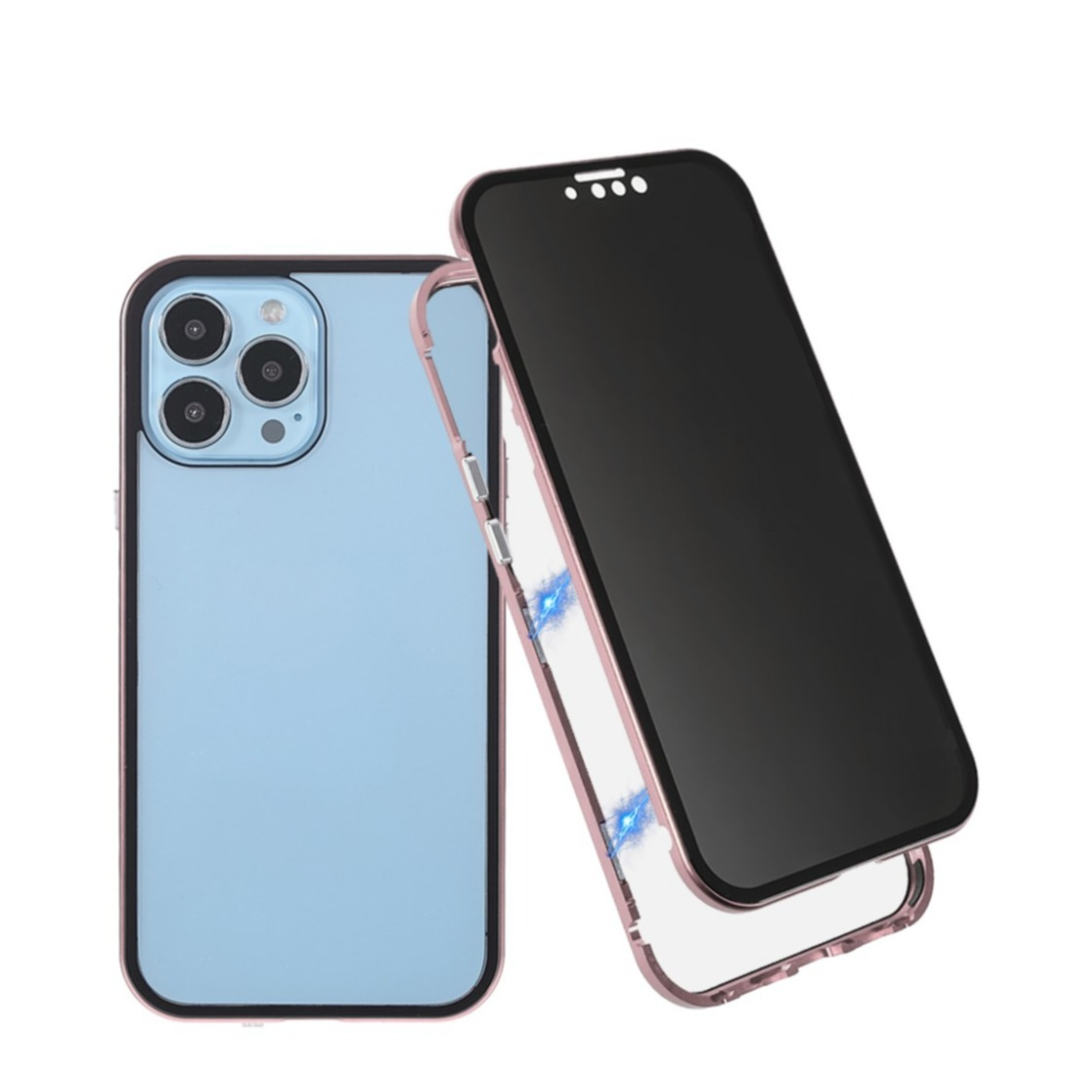 Image of iPhone 13 Pro Max Magnetische Alu Schutzhülle mit Panzer Glas Backcover + Privacy Displayschutz (Magnet-Technologie) - Roségold bei Apfelkiste.ch
