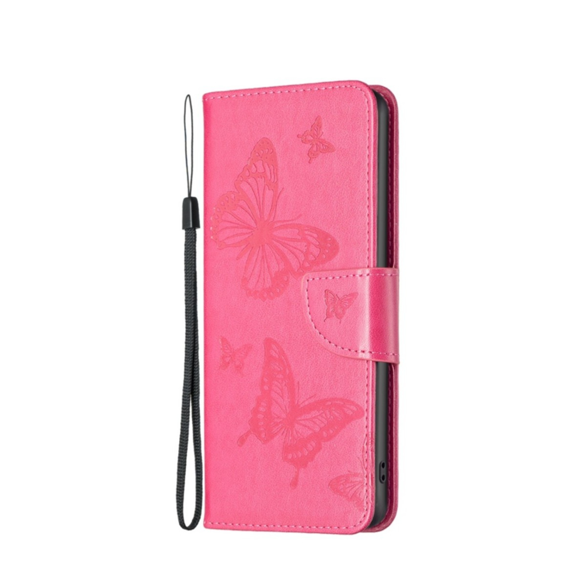 Image of iPhone 14 Pro Leder Tasche mit Kartenfach + Handschlaufe Schmetterling - Pink bei Apfelkiste.ch