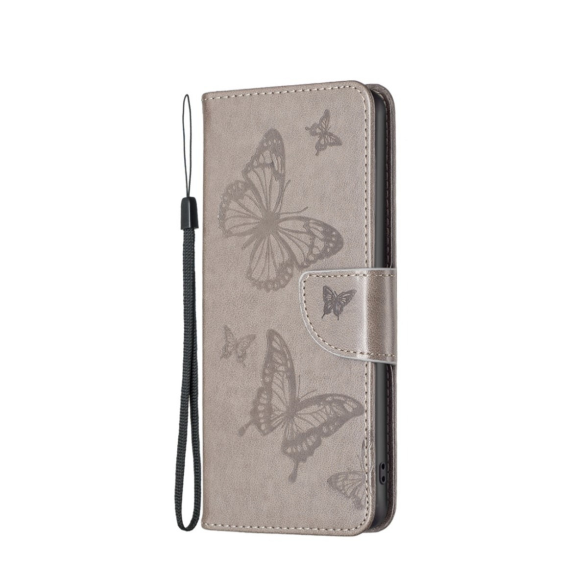 Image of iPhone 14 Pro Max Leder Tasche mit Kartenfach + Handschlaufe Schmetterling - Grau bei Apfelkiste.ch