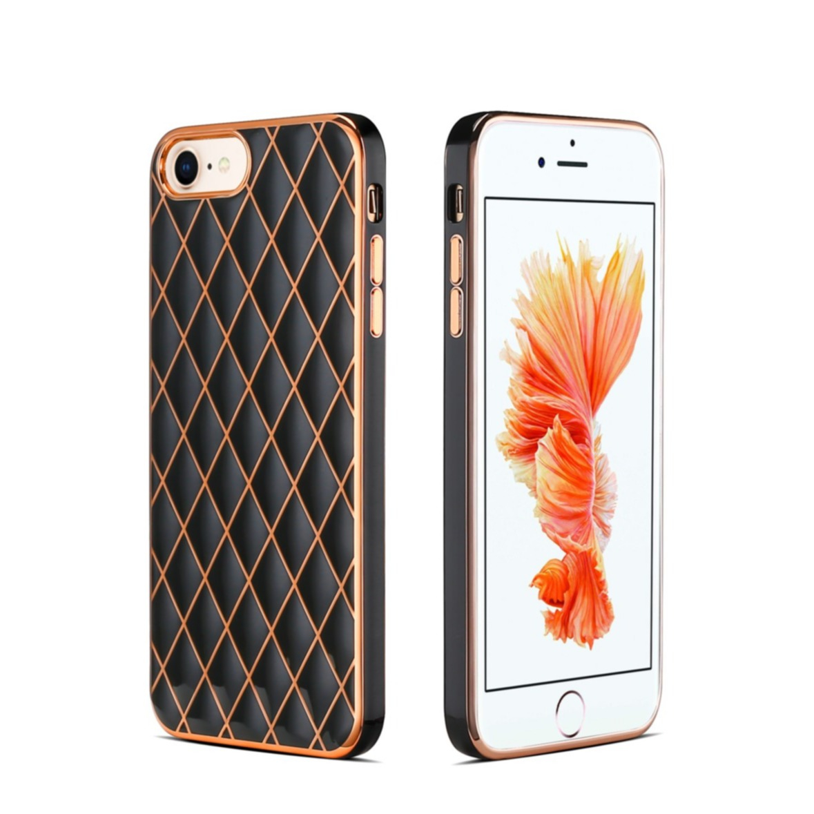 Image of iPhone SE (2022/2020) / 8 / 7 / 6S Gummi Case Hülle Galvanisierter Rahmen mit Rautenmuster - Schwarz / Roségold bei Apfelkiste.ch