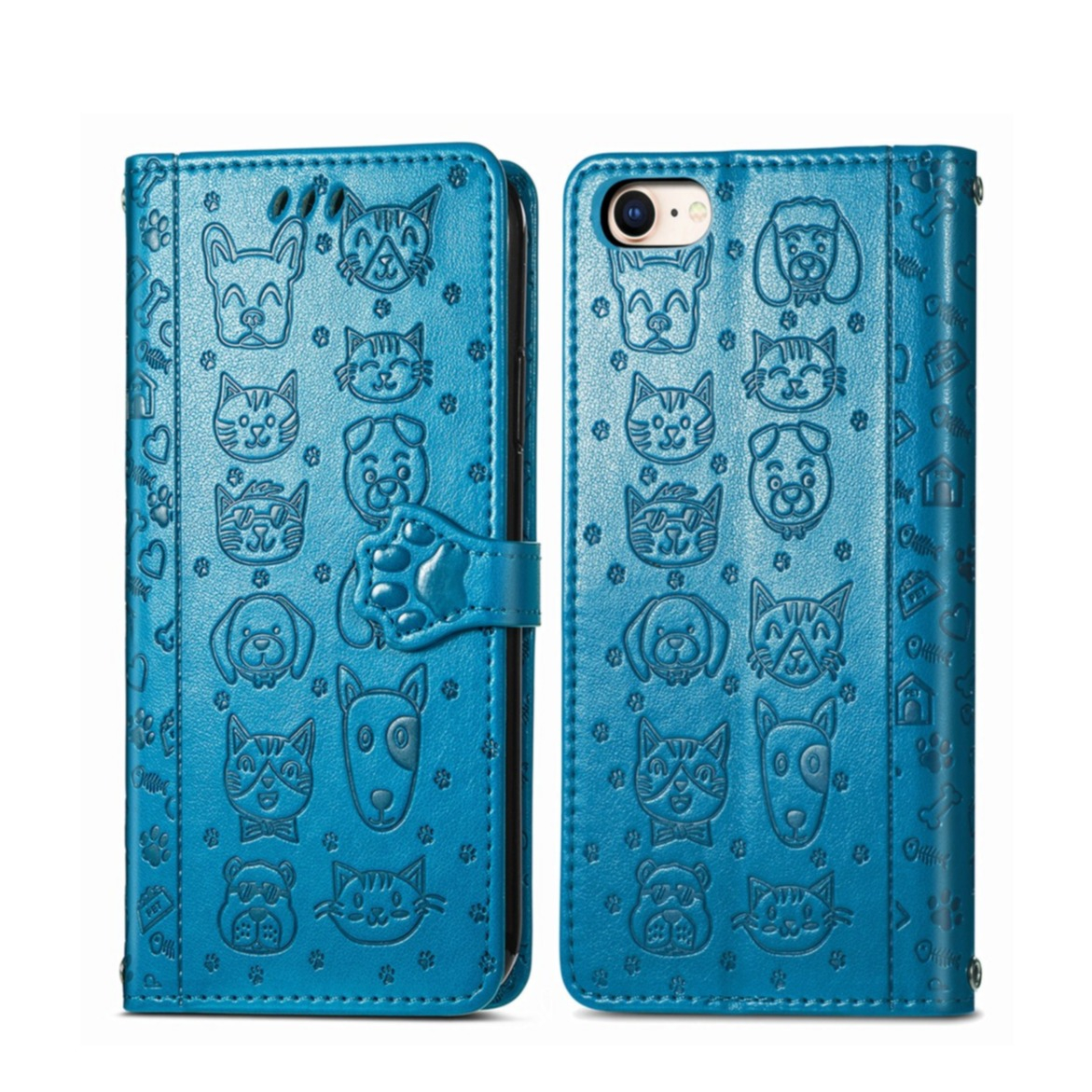Image of iPhone SE (2022/2020) / 8 / 7 / 6S Leder Tasche Flip Cover Hunde & Katzen Imprint - Blau bei Apfelkiste.ch