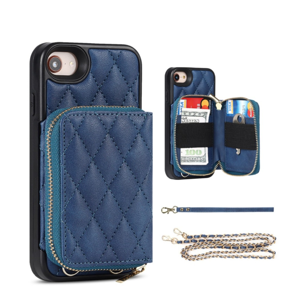 Image of iPhone SE (2022/2020) / 8 / 7 Necklace Leder Hülle mit Magnet Wallet Kreditkarten Münzfach + Handykette (140cm) - Blau bei Apfelkiste.ch