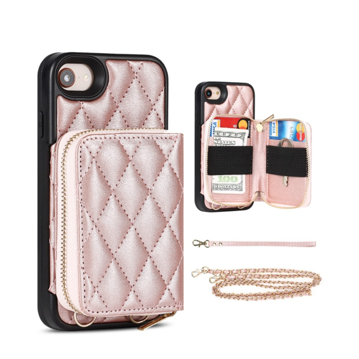 Image of iPhone SE (2022/2020) / 8 / 7 Necklace Leder Hülle mit Magnet Wallet Kreditkarten Münzfach + Handykette (140cm) - Roségold bei Apfelkiste.ch