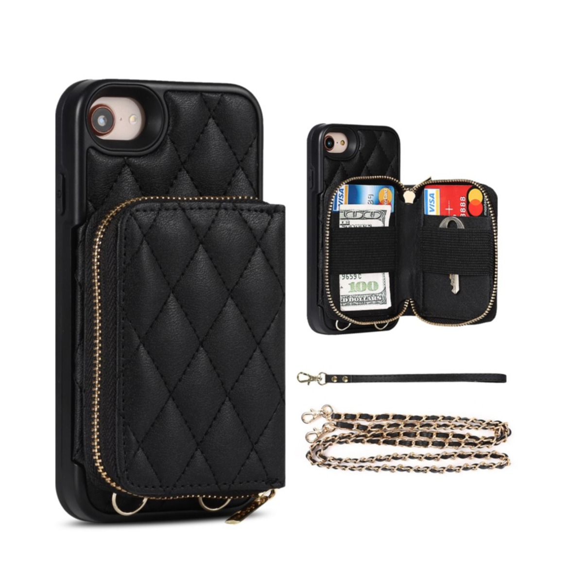 Image of iPhone SE (2022/2020) / 8 / 7 Necklace Leder Hülle mit Magnet Wallet Kreditkarten Münzfach + Handykette (140cm) - Schwarz bei Apfelkiste.ch