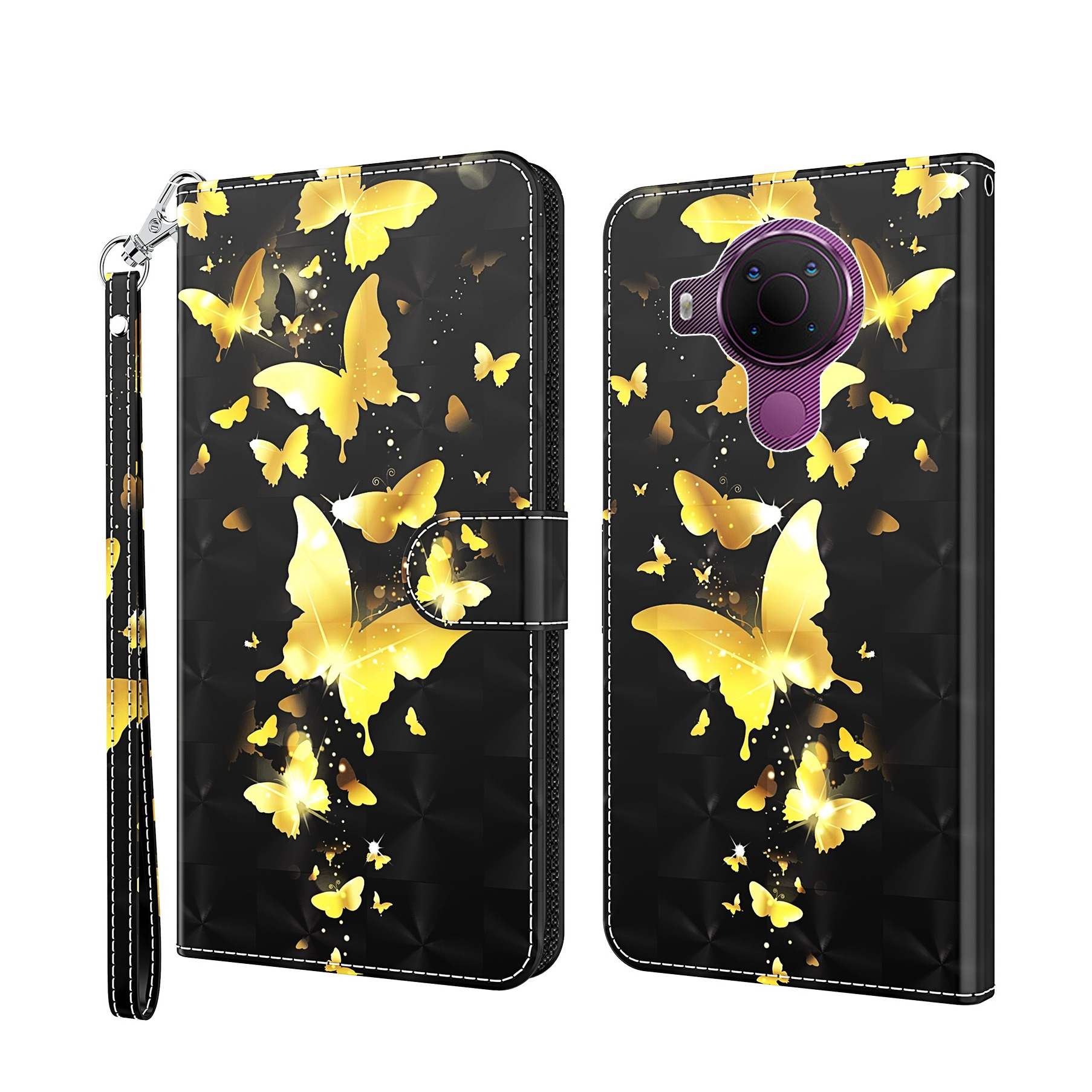 Image of Nokia 3.4 Leder Tasche mit Kartenfach + Handschlaufe - Schmetterling (Schwarz/Gold) bei Apfelkiste.ch