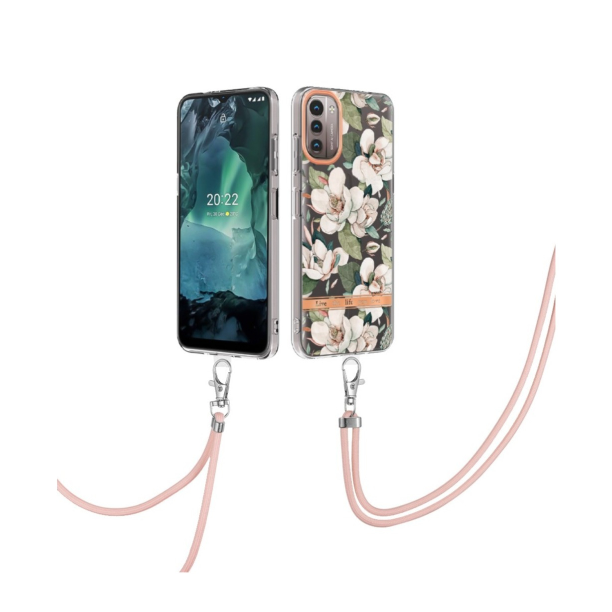 Image of Nokia G11 / G21 Gummi Case Hülle Galvanisierter Rahmen + Necklace Handykette mit Einlage - Weisse Blume bei Apfelkiste.ch