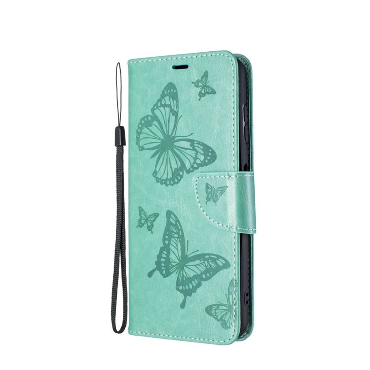 Image of Nokia G20 / G10 Leder Tasche mit Kartenfach + Handschlaufe Schmetterling - Türkis bei Apfelkiste.ch