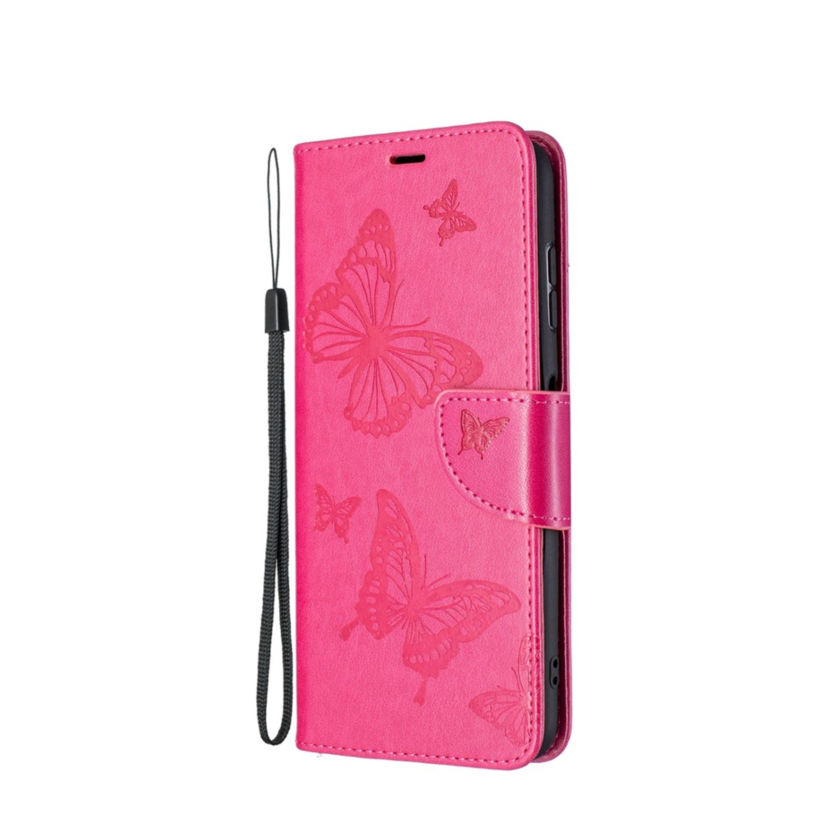 Image of Nokia G20 / G10 Leder Tasche mit Kartenfach + Handschlaufe Schmetterling - Pink bei Apfelkiste.ch