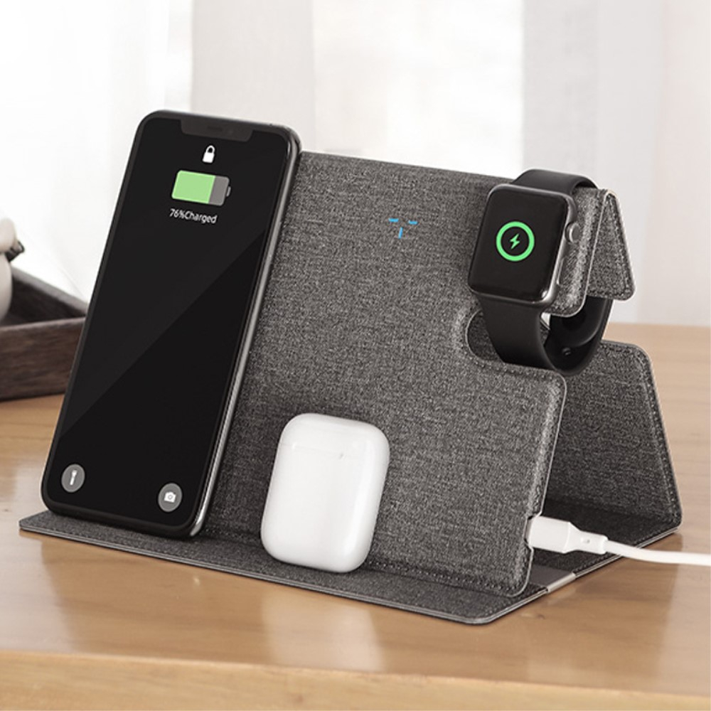 Image of Rock - (10W) Faltbares 3in1 Fast Charge Qi Wireless Induktions Ladegerät + Dock Halterung für iPhone / Apple Watch / AirPods - Grau bei Apfelkiste.ch