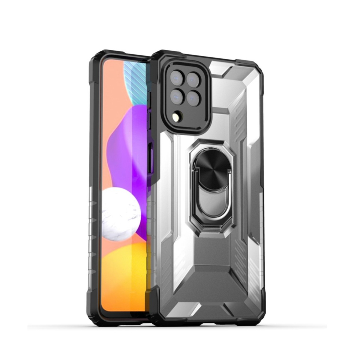 Image of Samsung Galaxy A22 Hybrid Hardcase Hülle + Magnetischer Kickstand Haltering - Schwarz / Transparent bei Apfelkiste.ch