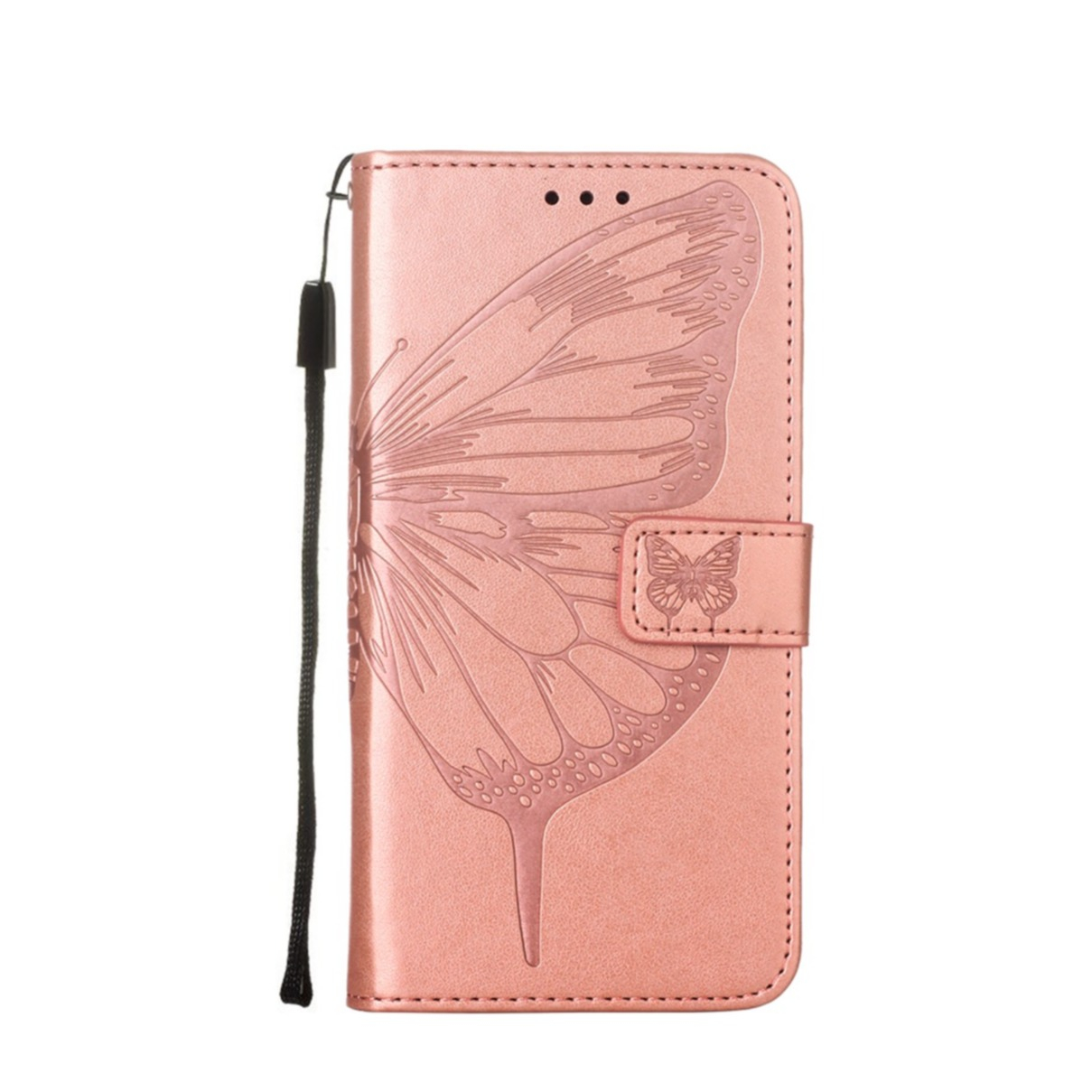 Image of Samsung Galaxy A32 5G Leder Tasche mit Kartenfach + Handschlaufe Schmetterling / Blumen - Roségold bei Apfelkiste.ch