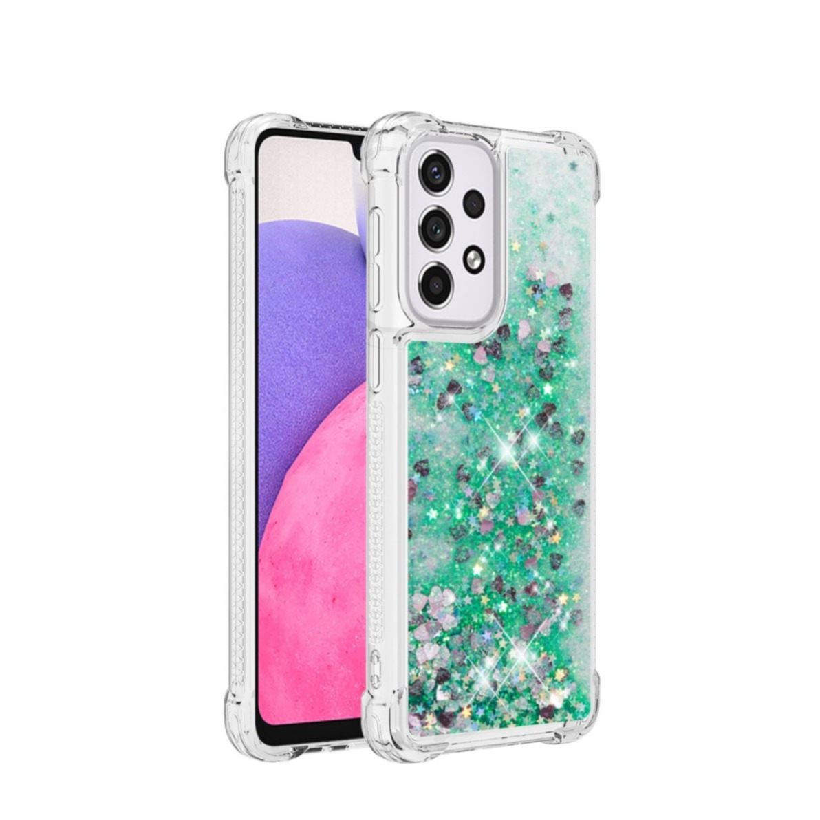 Image of Samsung Galaxy A33 5G Hardcase Hülle mit Air Cushion Fallschutz Liquid Case Glitzer Herzen - Grün / Transparent bei Apfelkiste.ch