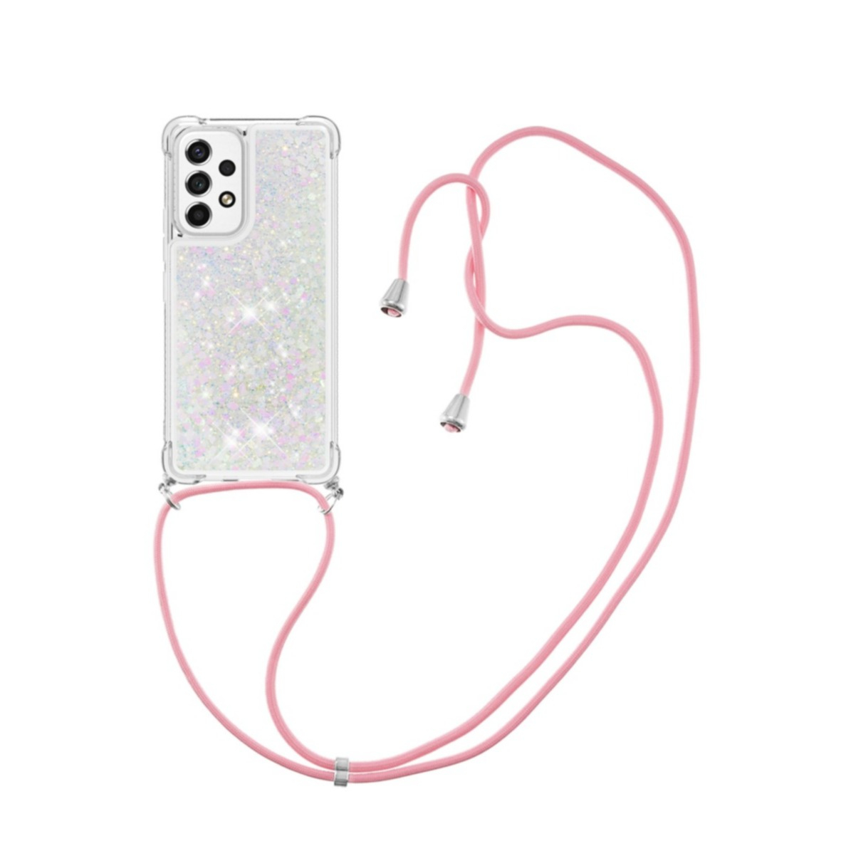 Image of Samsung Galaxy A53 5G Necklace Gummi Hülle Liquid Glitzer + Handykette (130cm) - Rosa / Silber bei Apfelkiste.ch