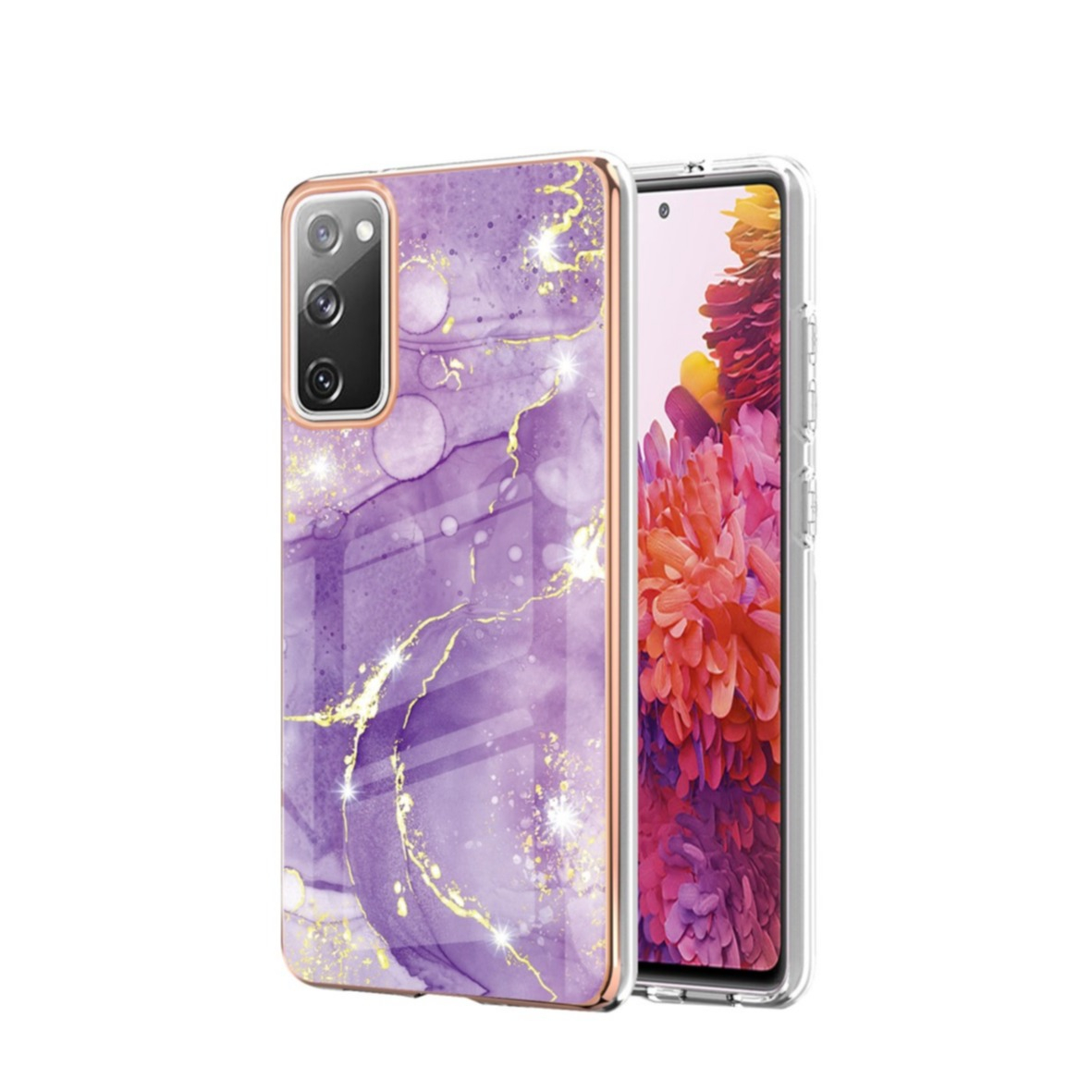 Image of Samsung Galaxy S20 FE / S20 FE 5G Gummi Case Hülle Galvanisierter Rahmen Marble Marmor Design - Violett / Roségold bei Apfelkiste.ch