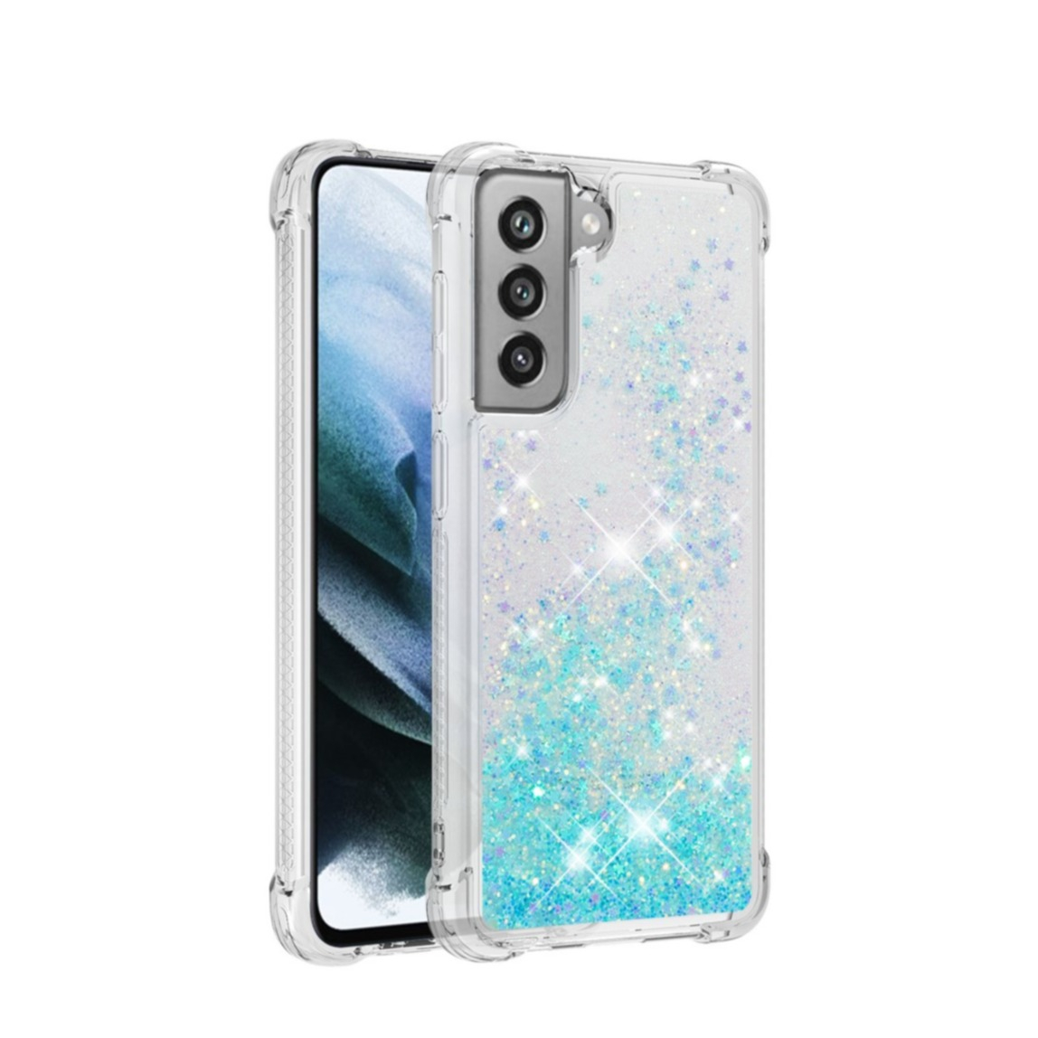 Image of Samsung Galaxy S21 FE 5G Hardcase Hülle mit Air Cushion Fallschutz Liquid Case Glitzer Sterne - Hellblau / Transparent bei Apfelkiste.ch