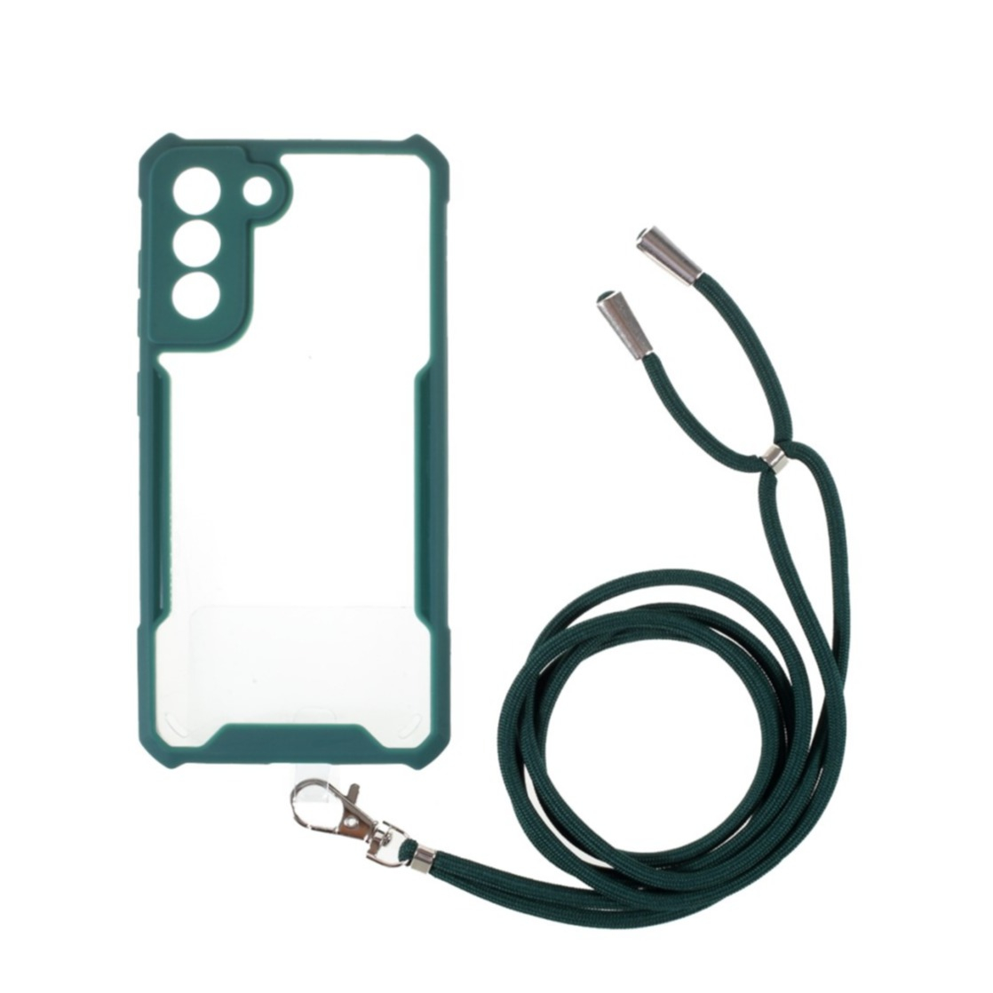 Image of Samsung Galaxy S21 FE 5G Hybrid Hülle TPU Bumper Acryl Rückseite + Necklace Handykette (150cm) - Transparent / Dunkelgrün bei Apfelkiste.ch