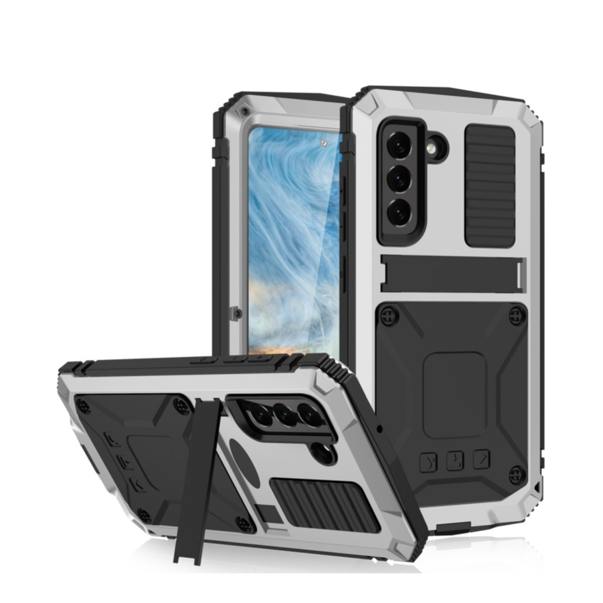 Image of Samsung Galaxy S21 FE 5G Spritzwasserfeste Hybrid Silikon Metall Outdoor Case Hülle + Panzerfolie - Silber bei Apfelkiste.ch