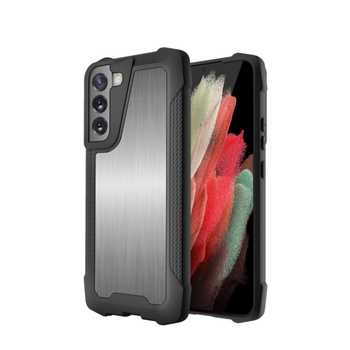 Image of Samsung Galaxy S22+ Plus 5G Hybrid Gummi Outdoor Hülle mit Metall Rückseite Air Cushion Fallschutz - Silber / Schwarz bei Apfelkiste.ch