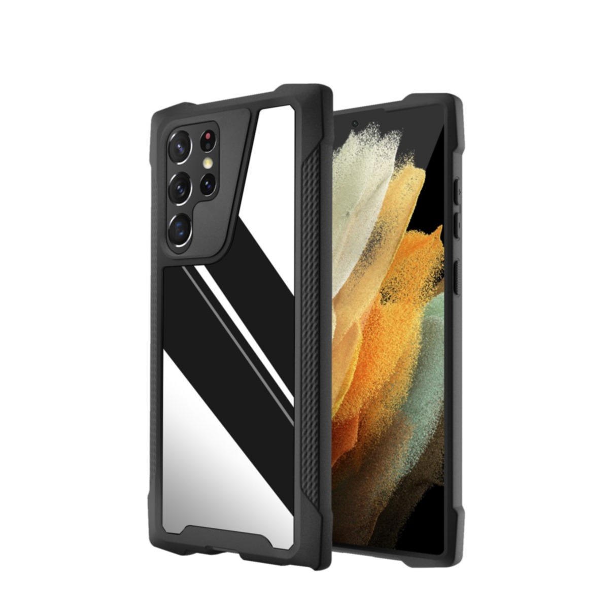 Image of Samsung Galaxy S22 Ultra 5G Hybrid Gummi Outdoor Hülle mit Metall Rückseite Air Cushion Fallschutz - Schwarz (Verspiegelt) bei Apfelkiste.ch